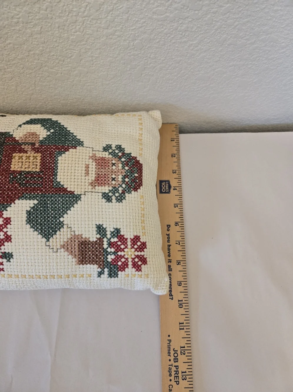 Vintage Needlepoint Santa Pillow Gardening Theme Accent Decor Christmas Holiday